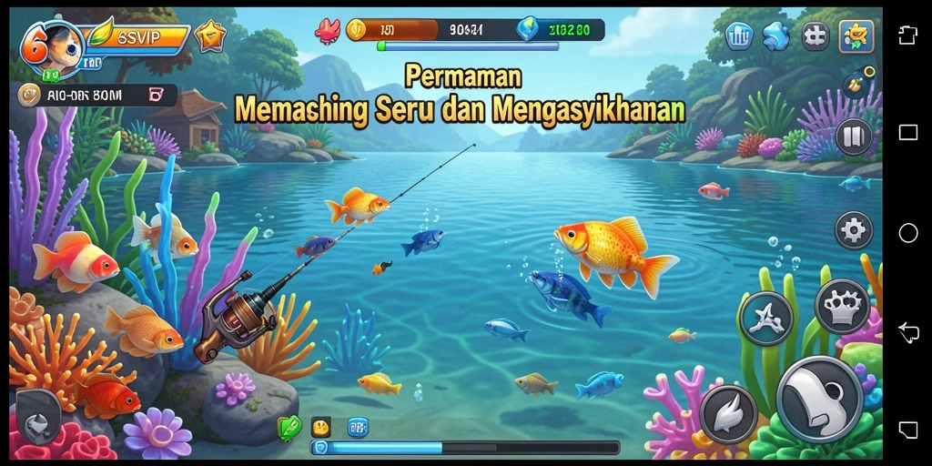 Screenshot 6SVIP menampilkan pemain yang sedang memancing di lokasi yang indah.