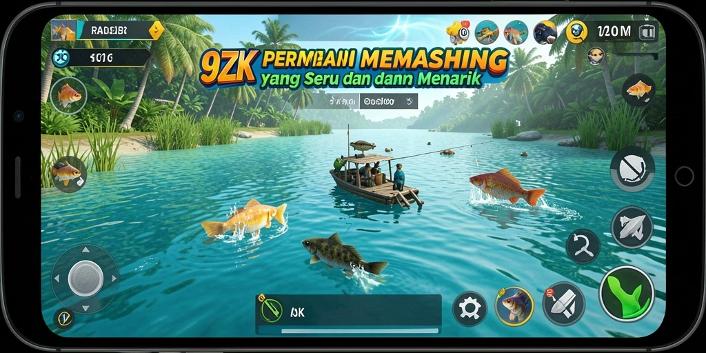 Screenshot 9ZK menampilkan pemain memancing di danau yang indah.