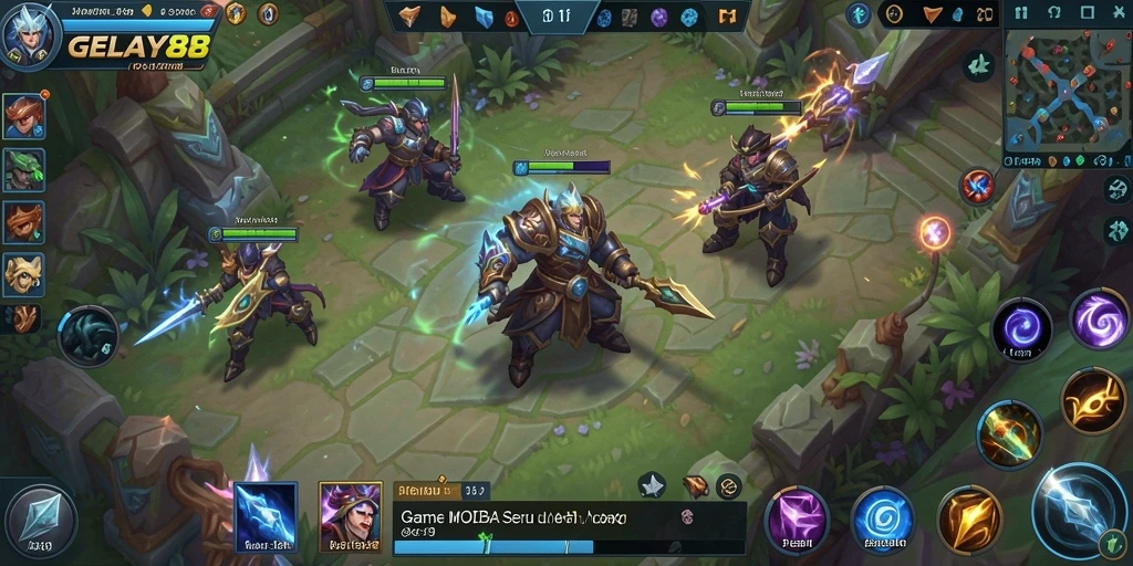 Tampilan aksi seru dan strategi dalam gameplay GELAY88 MOBA.