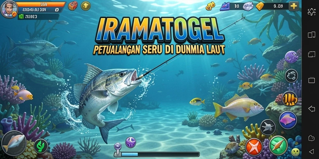 Tampilan gameplay IRAMATOGEL dengan suasana laut yang menakjubkan.