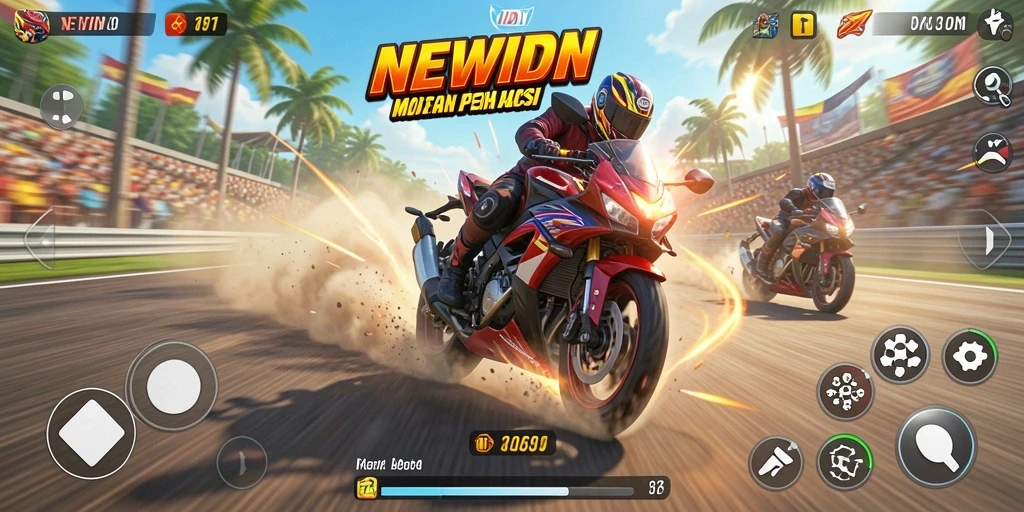 Screenshot gameplay motor balapan yang epik dan menegangkan.