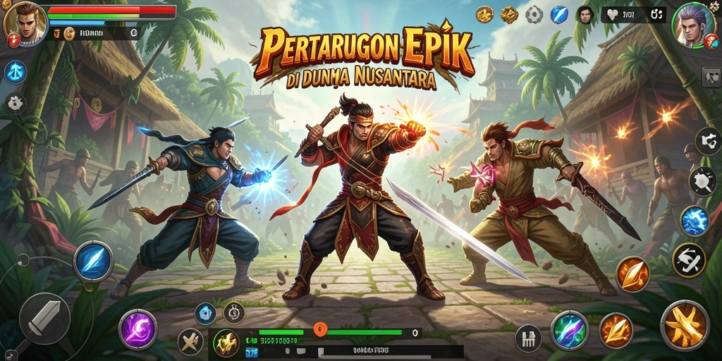 Tangkapan layar gameplay NUSANTARATOTO dengan pertarungan seru antar karakter.