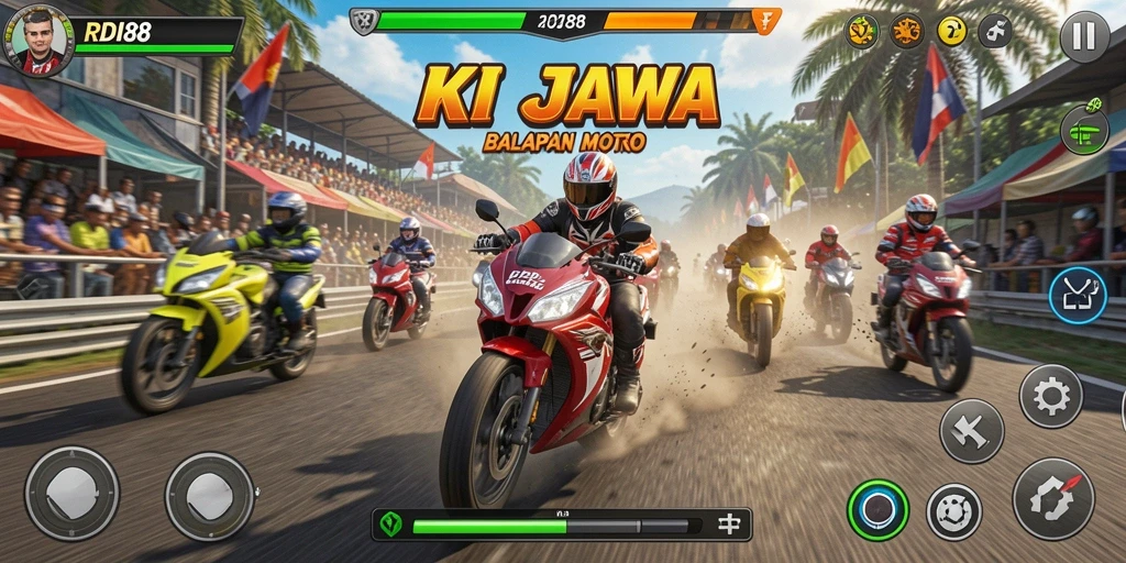 Tampilan gameplay balapan motor yang seru dan mendebarkan.