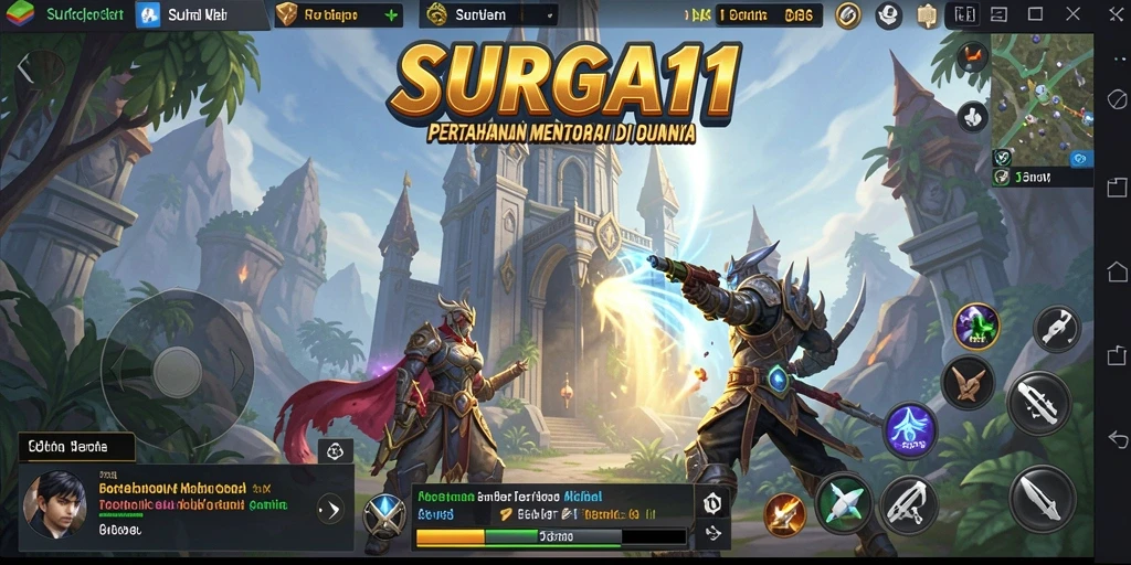 Screenshot SURGA11 menunjukkan aksi pertahanan menara yang intens.