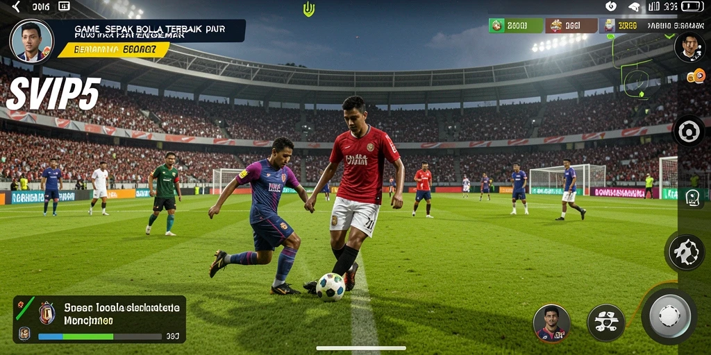 Screenshot tampilan permainan SVIP5 yang menampilkan aksi sepak bola yang seru.