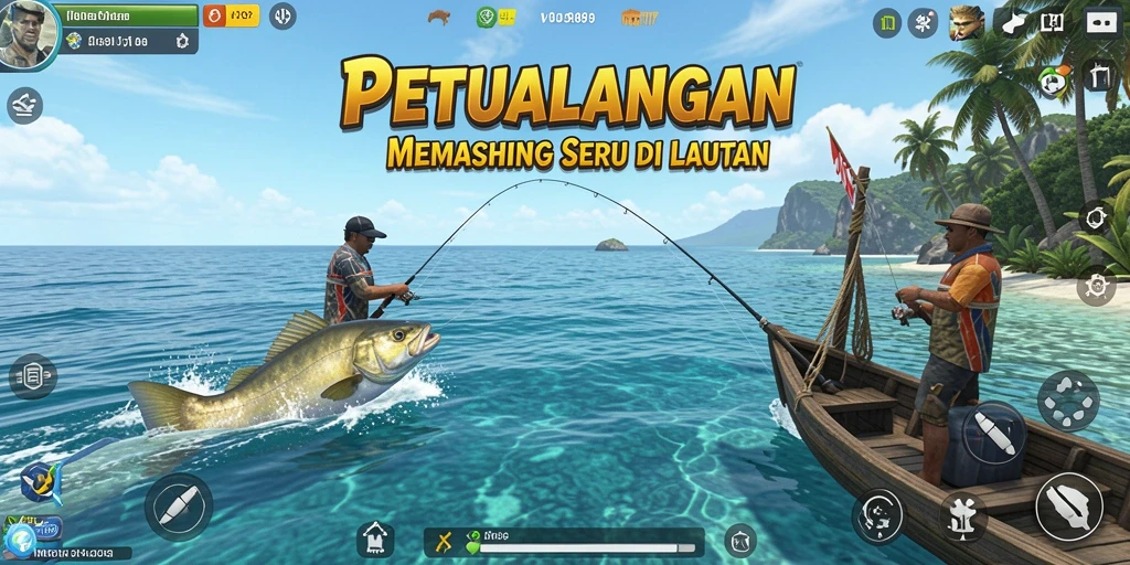Screenshot menunjukkan pemain sedang menangkap ikan di laut yang indah.